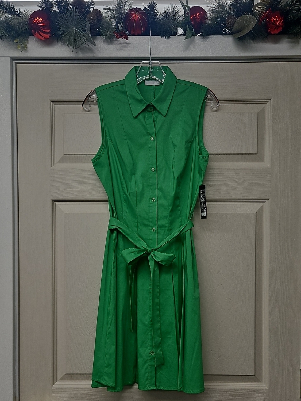 New York & Company Bright Green Sleeveless Shirt Dress with Waist Tie